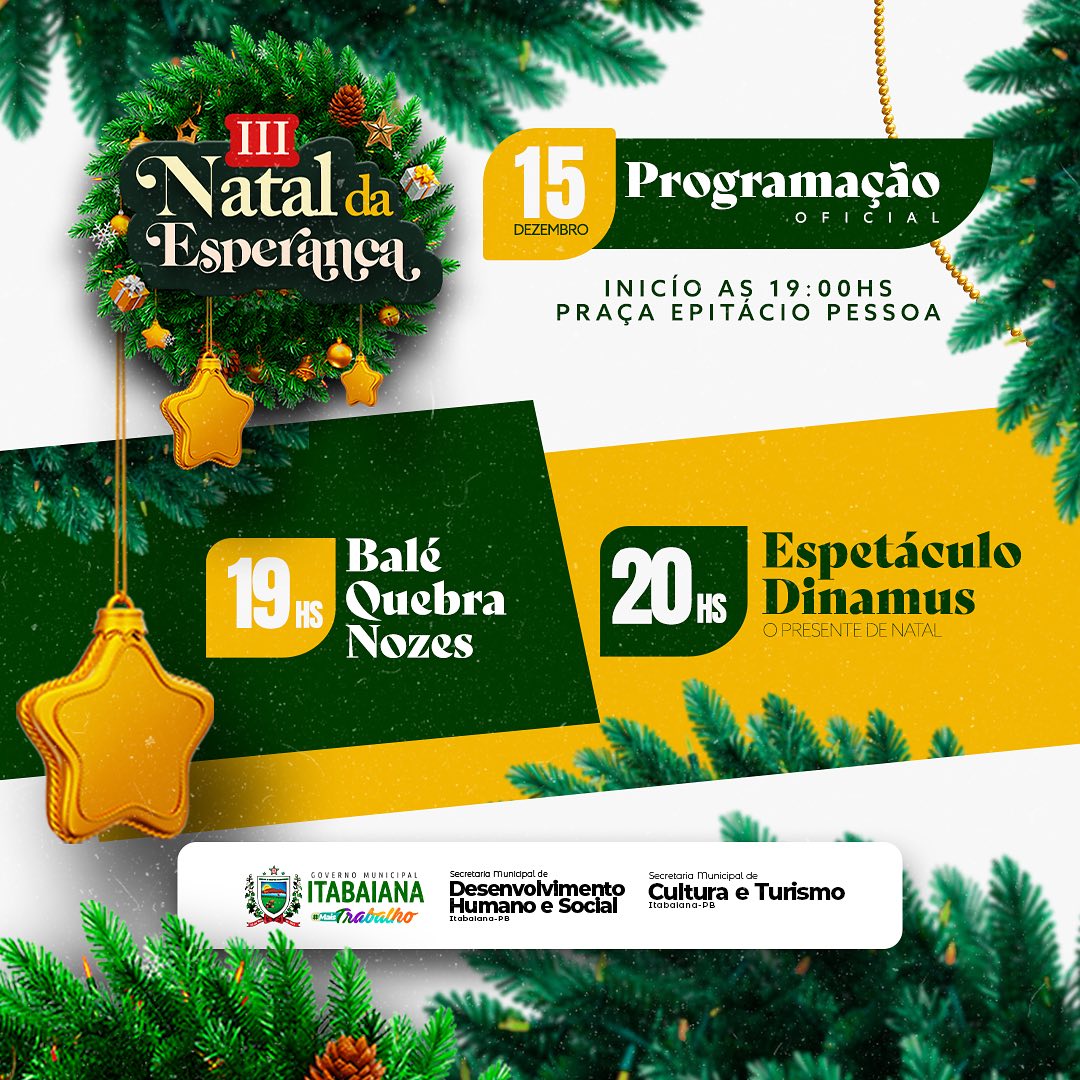 Vocês estão prontos para nossa última programação do NATAL DA ESPERANÇA 2023?! 🥹🤩Sexta-feira, iremos encerrar esta edição com chave com ouro! A partir das 19h:00, temos um encontro marcado na Praça Epitácio Pessoa, para prestigiar as apresentações: Balé do Quebra Nozes e o Espetáculo @dinamuscom — O Presente de Natal. Você e sua família são os nossos convidados especiais. Vem viver a magia natalina com a gente! .@smdhsitabaianapb #PMI #MAISTRABALHO