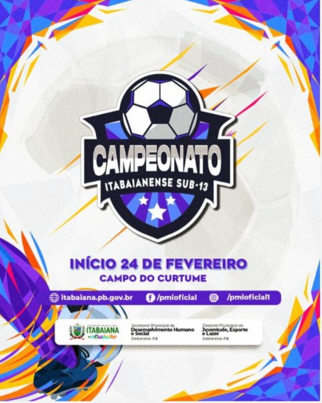 ️E a bola vai rolar! Vem aí o Campeonato Itabaianense Sub-13. No próximo dia 24 de fevereiro, no Campo do Curtume teremos os primeiros jogos. ️O primeiro jogo será às 15:00 horas, entre Leões x Palmeiras de Pilar; e o segundo jogo será às 16:00 horas, entre Super Craque x Bola na Rede de Ferreiros. Você desportista está convidado, vem prestigiar!!!