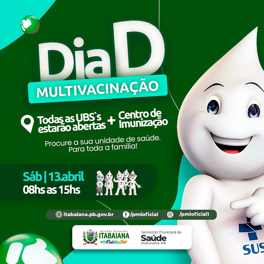 Todos preparados para mais um D de Multivacinação!? A Secretaria de Saúde sempre engajada com toda equipe de vacinação e profissionais da saúde para vacinar o maior número de Itabaianenses. 🤩Neste sábado dia 13 de abril, vamos pegar a nossa caderneta de vacinação e atualizar as vacinas nas nossas UBSs?! Estamos te esperando!!! Atenção para o horário: Das 08:00 da manhã às 15:00 horas. VACINA BOA, É VACINA NO BRAÇO!
