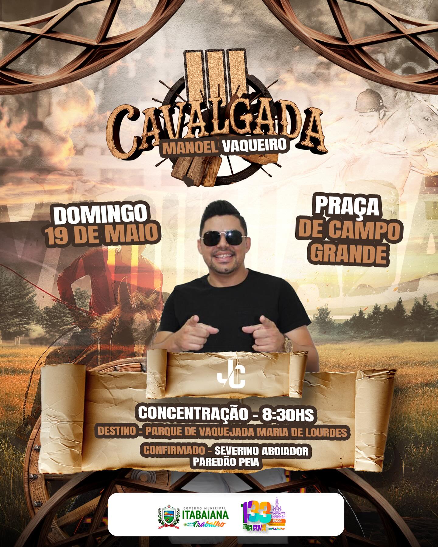 Eii, separa as botas e sela teu cavalo, que tá chegando a III Cavalgada Manoel Vaqueiro! Um domingo diferente, para nos confraternizarmos com todos os cavaleiros e amazonas da nossa ITABAIANA! 🤠 Dia 19 de Maio, a partir das 08h:30, concentração na Praça de Campo Grande, com destino ao Parque de Vaquejada @parque_mariadelourdes. Você é o nosso convidado especial! .#PMI #MAISTRABALHO