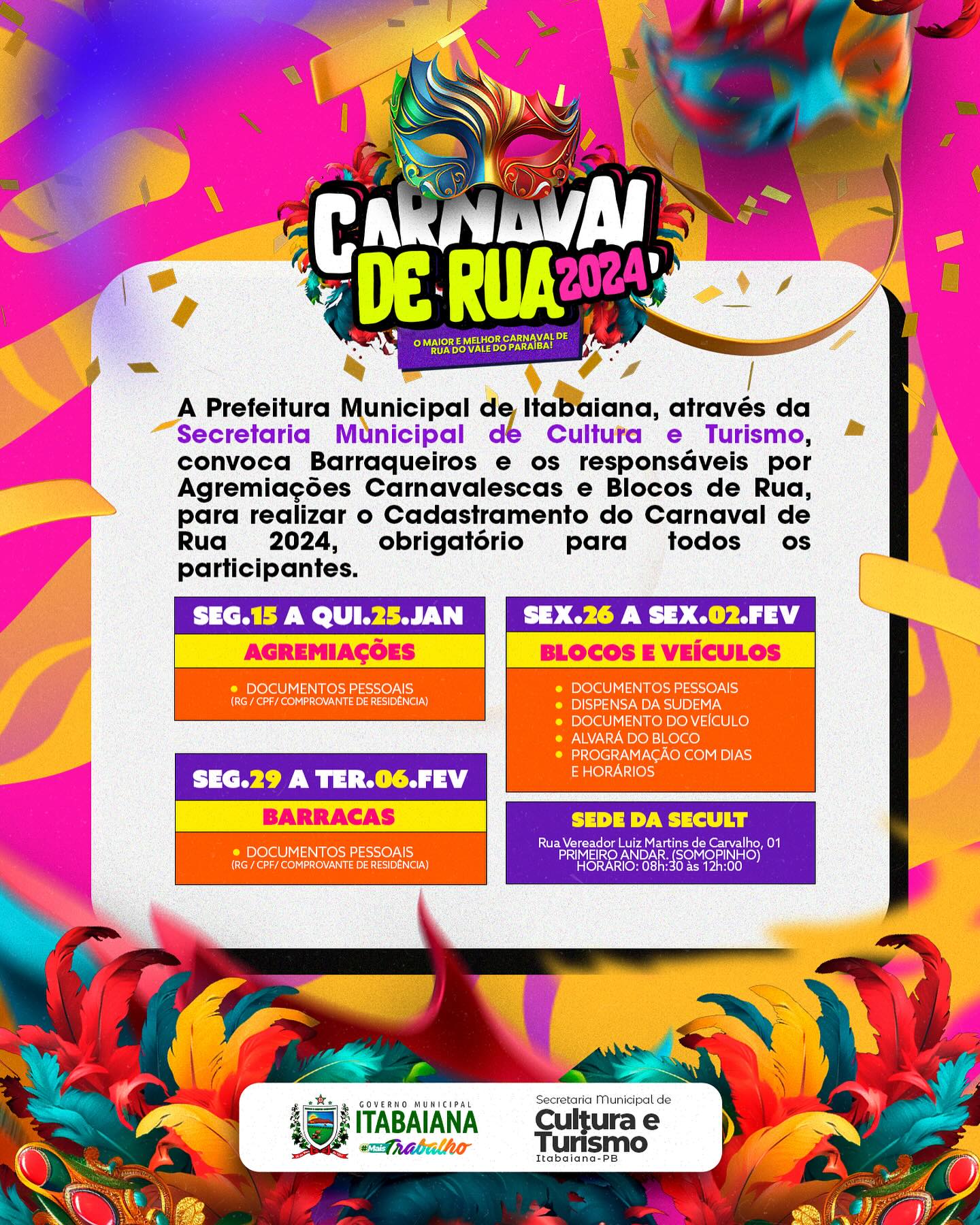 Boraa organizar o negócio?! ️Estamos convocamos: BARRAQUEIROS e os responsáveis por AGREMIAÇÕES CARNAVALESCAS e BLOCOS DE RUA, realizar o cadastramento do #CARNAVALDERUA2024, obrigatório para todos os setores participantes. O cadastramento está acontecendo na Sede da Secretaria Municipal de Cultura e Turismo —- Rua Vereador Luiz Martins de Carvalho, 01, SOMOPINHO | Primeiro andar. Horário: 08h:30 às 12h:00. Fiquem atentos as datas e documentos necessários! .@secult_itabaiana #PMI #MAISTRABALHO