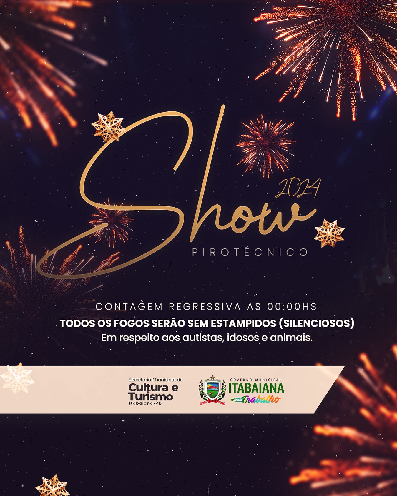 Em Itabaiana, preparamos uma celebração única para receber o novo ano! Este ano, a queima de fogos será silenciosa, garantindo uma festa mais tranquila e acessível para todos. Vamos juntos marcar esse momento especial com paz e alegria! #FelizAnoNovo #QueimaDeFogosSilenciosa #ItabaianaCelebra2024