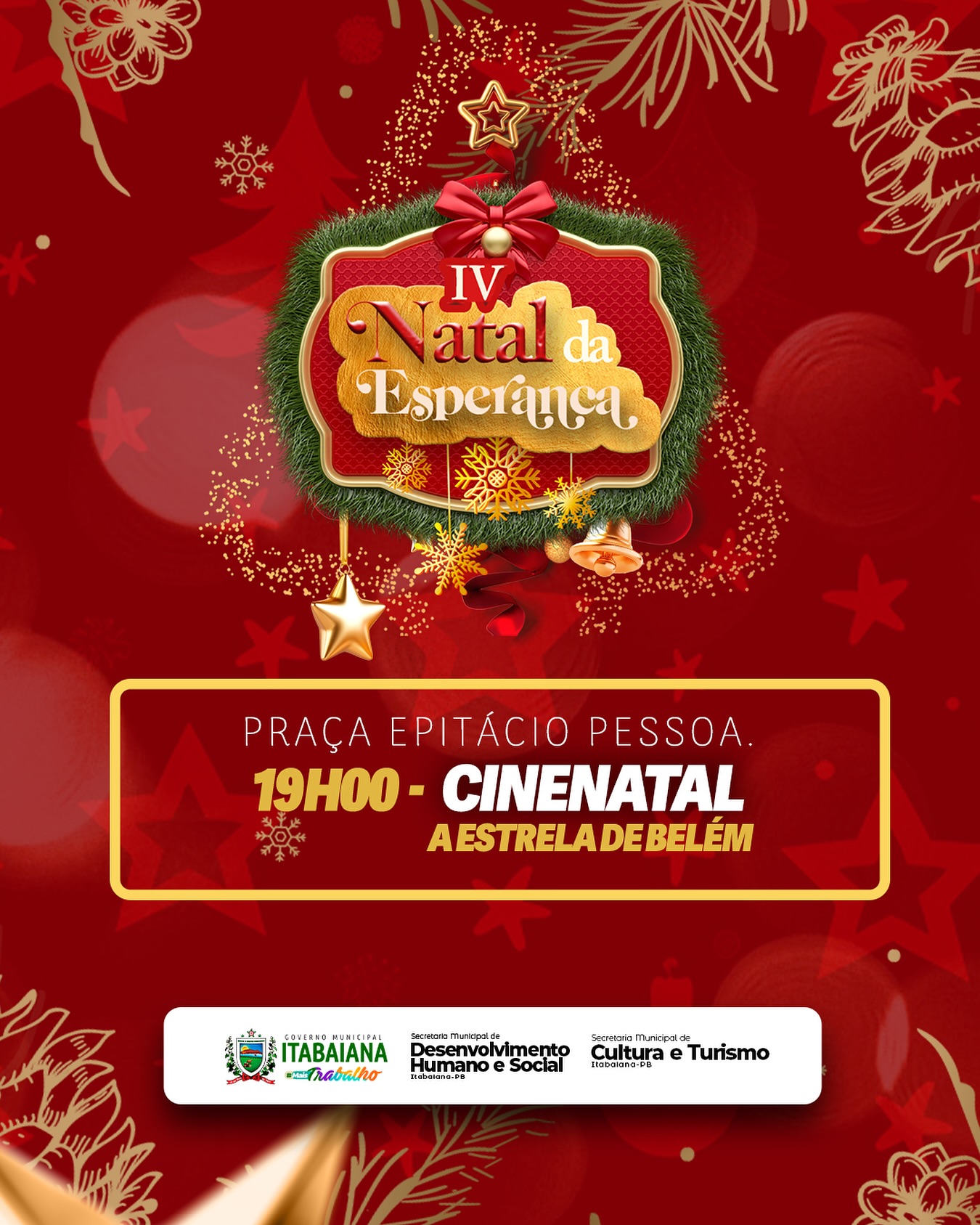 🤩 Estão preparados para este sábado!?! Vamos dar sequência a nossa programação do IV Natal da Esperança O nosso encontro será na Praça Epitácio Pessoa, para juntos assistirmos um filme muito legal. Venha traga sua família. 🪅CineNatal - A estrela de Belém🪅