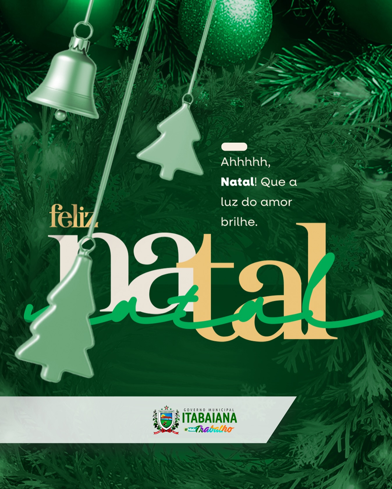 Neste Natal, renovamos nossos votos de amor, fé e solidariedade. Que esta data tão especial seja um momento de celebrar as conquistas, fortalecer os laços e compartilhar esperança para um futuro ainda melhor. A Prefeitura de Itabaiana deseja a todos os itabaianenses um Natal repleto de paz, alegria e harmonia. Vamos juntos construir um novo ano de realizações e prosperidade! Feliz Natal! ️#NatalDeLuz #ItabaianaUnida #FéEsperançaEAmor