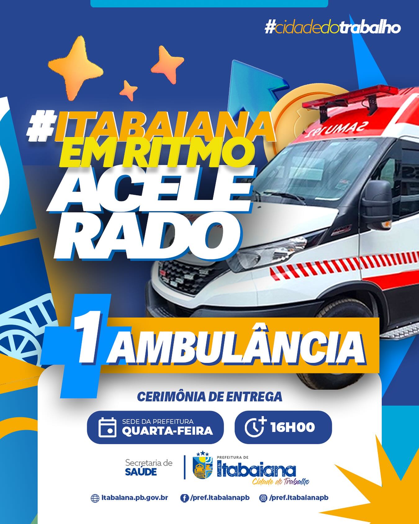 A frota municipal de veículos tá ON! • Nosso Prefeito @jclaudio_neto, entregará uma AMBULÂNCIA SAMU para nossa população! Participem do nosso Ato de Entrega que acontecerá nesta quarta-feira, a partir das 16h00, na Prefeitura Municipal. É +1 para nossa geente! 🤩.@saude_itabaiana #CIDADEDOTRABALHO