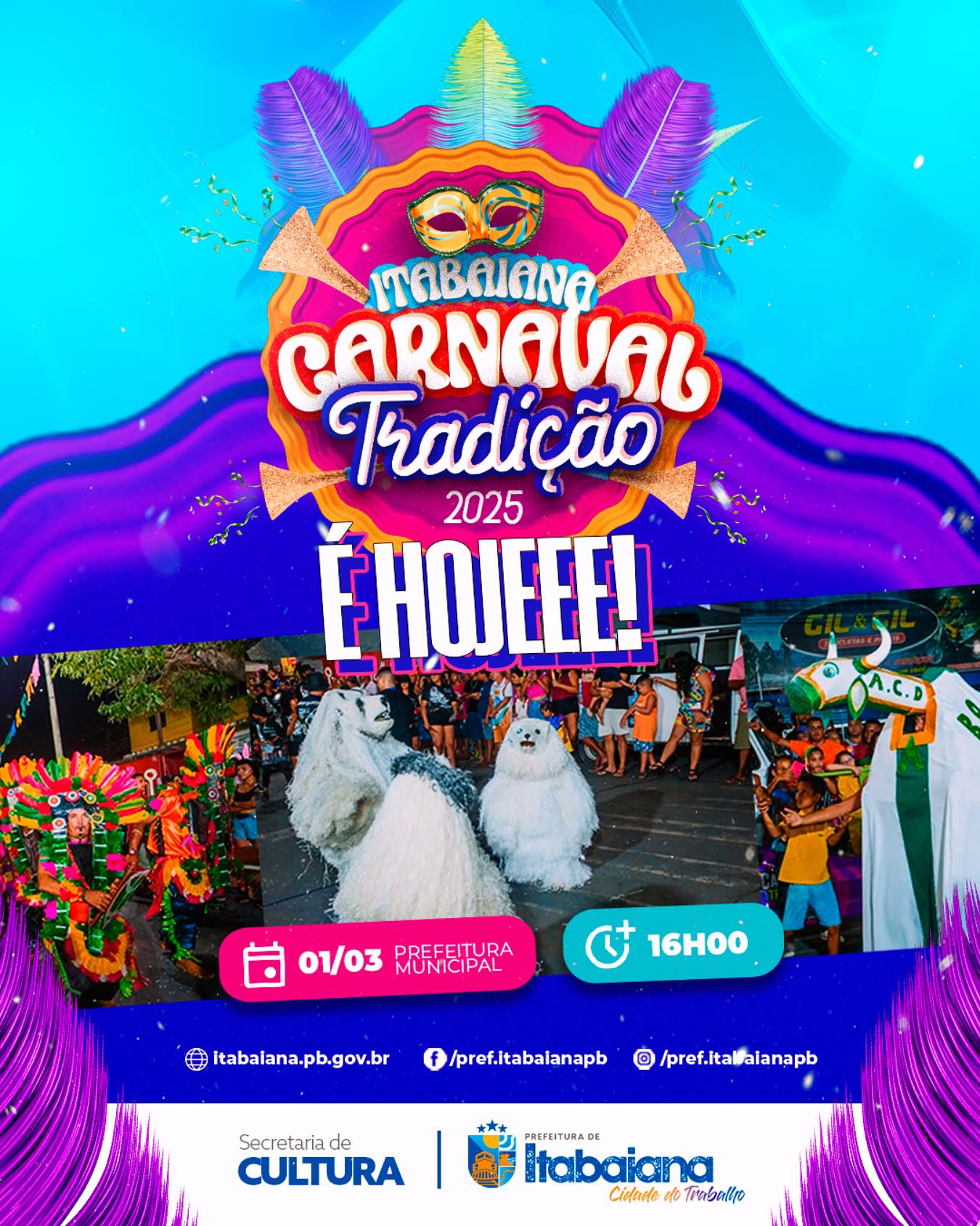 É hoooje ITABAIANA! Vamos abrir alas no #CORREDORDAFOLIA1 para o desfile das troças carnavalescas. Vamos dar forma ao nosso “CARNAVAL TRADIÇÃO 2025!”. Esperamos você e sua família, na Prefeitura Municipal, a partir das 16h00, para prestigiarmos mais uma edição deste evento cultural! .@secult_itabaiana #CIDADEDOTRABALHO