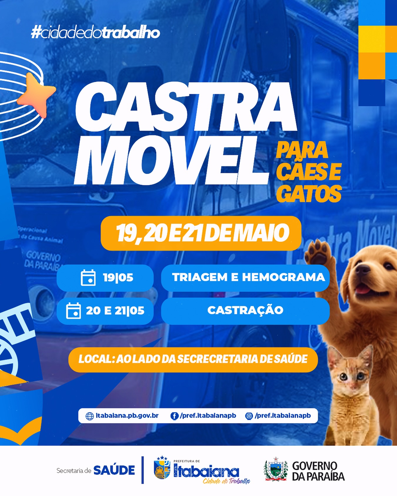 Atenção, Itabaiana! Chegou a hora de cuidar do seu pet! ️Nos dias 19, 20 e 21 de Maio, nosso município receberá o Castramóvel, uma carreta especializada em castrações gratuitas de cães e gatos. Mais um presente aos itabaianenses, no mês de aniversário da cidade. Vagas limitadas! ️Vamos juntos garantir mais saúde, controle populacional e bem-estar para nossos companheiros de quatro patas! -@saude_itabaiana #CIDADEDOTRABALHO