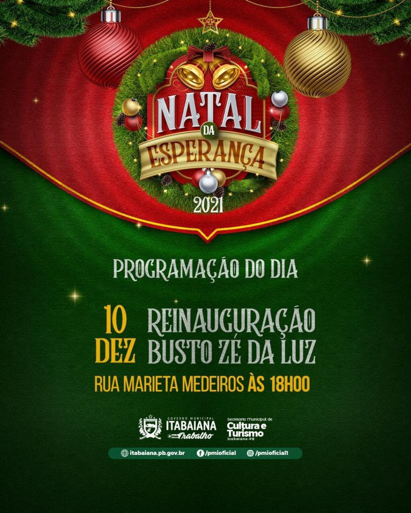 Natal da Esperança ⠀⠀Seguindo com a programação do nosso natal, amanhã teremos a reinauguração do Busto Zé da Luz, monumento importante para nossa cidade e que homenageia o saudoso Zé da Luz, poeta itabaianense.⠀⠀A reinauguração contará com o lançamento do Cordel Zé da Luz, do poeta Orlando Otávio, e ainda declamações de Sander Lee, além de apresentação da Banda Marcial Anjos Dourados.⠀ ⠀O evento acontece na Rua Marieta Medeiros, às 18h.⠀⠀#PMI #MAISCULTURA #MAISTRABALHO #MAISPROGRESSO #ITABAIANA
