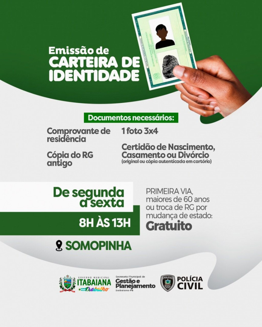 ️Se você ainda não fez a sua carteira de identidade ou precisa tirar a 2ª via, agora ficou mais fácil! ⠀⠀Os moradores de Itabaiana já podem tirar a Carteira de Identidade no município, graças à parceria da Prefeitura Municipal com o Instituto de Polícia Científica da Paraíba. ⠀⠀A documentação necessária para emissão da carteira de identidade é:⠀1 foto 3x4 (recentes e dentro dos padrões);⠀Certidão de Nascimento ou Casamento originais ou cópia autenticada;⠀Comprovante de residência;⠀e cópia do RG antigo ⠀⠀Idosos (60 anos ou mais) e pessoas que precisam trocar o RG por mudança de estado têm direito a emissão da 1ª e 2ª vias gratuitamente.⠀⠀A emissão do RG acontece na Somopinha, de segunda a sexta, das 8h às 13h⠀⠀ itabaiana.pb.gov.br⠀⠀#MAISTRABALHO #MAISPROGRESSO #PMI #ITABAIANA