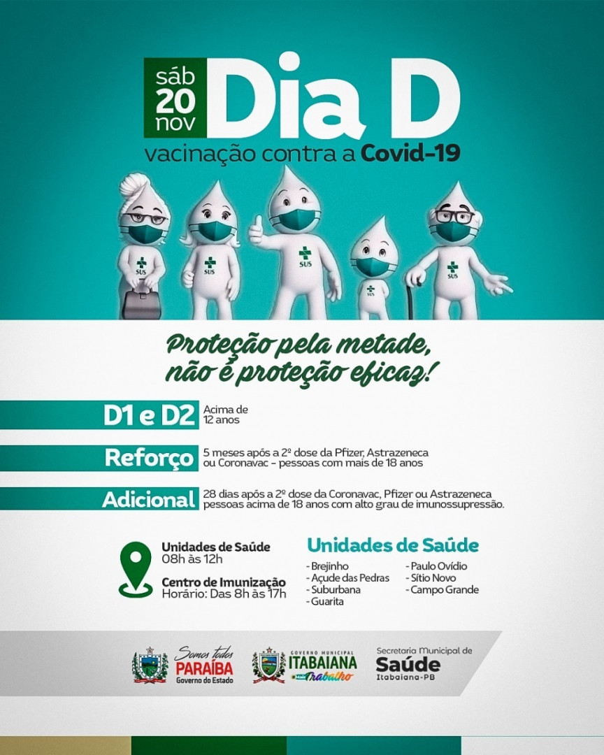 ️Neste sábado teremos o Dia D de vacinação contra a Covid-19🦠⠀⠀ D1 e D2 para adolescentes acima de 12 anos. ⠀⠀ Dose de reforço para quem se imunizou com a segunda dose há 5 meses com a Coronavac, Pfizer ou Astrazeneca. (Acima de 18 anos) ⠀⠀As doses estarão sendo aplicadas no Centro de Imunização, das 8h às 17h e nas unidades de saúde dos bairros, das 8h às 12h. ⠀⠀️ É necessário ter em mãos o cartão de vacina, CPF ou CNS.⠀ ⠀⠀#PMI #MAISSAUDE #MAISTRABALHO #MAISPROGRESSO #ITABAIANA