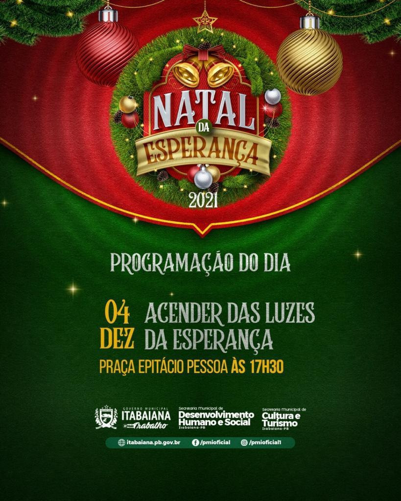 Natal da Esperança ⠀⠀Neste sábado teremos o acender das luzes de natal, que será na Praça Epitácio Pessoa, às 17h30. ⠀⠀Convidamos você e sua família para participar deste momento brilhante. ⠀⠀Com o acender das luzes também teremos a chegada do bom velhinho, o Papai Noel. 🏻⠀⠀Não se esqueça de usar máscara e se proteger da Covid-19. ⠀⠀#PMI #NATALDAESPERANÇA #MAISCULTURA #MAISTRABALHO #ITABAIANA