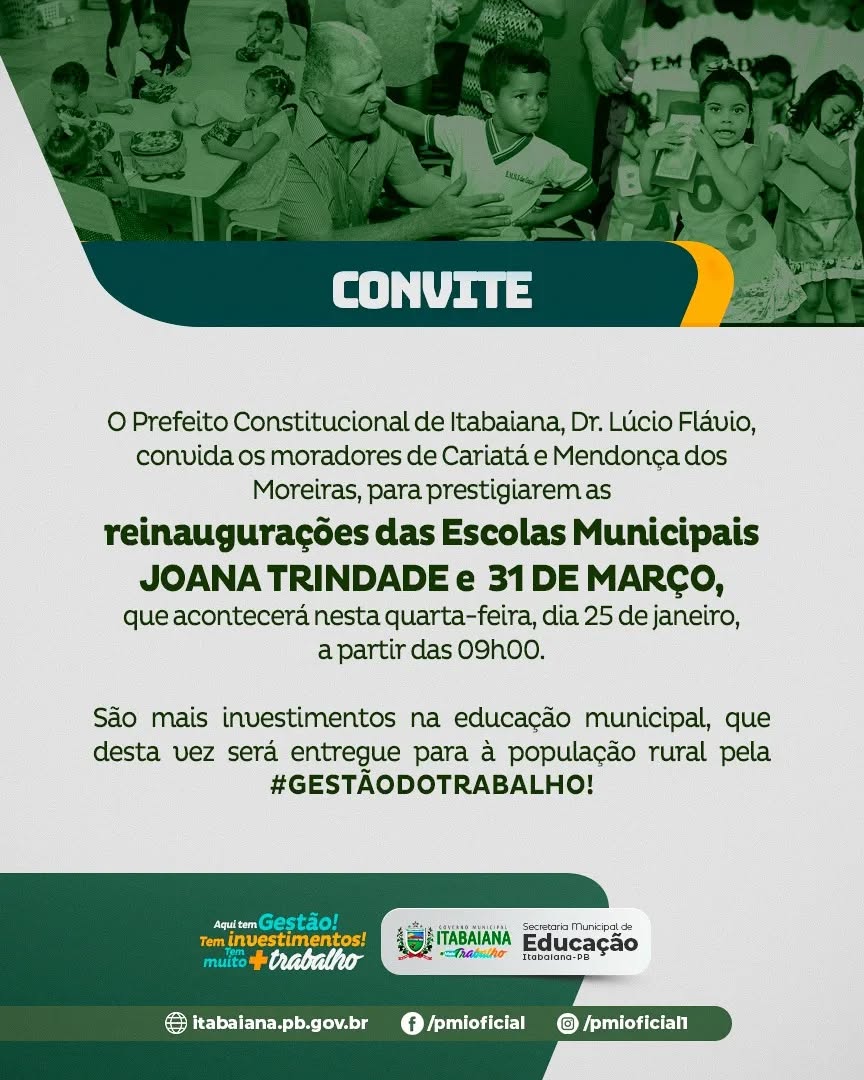 Hoje 24 de janeiro, é comemorado o dia da educação, e para celebrar essa grande data, temos uma notícia especial!🤩Amanhã (25), teremos a reinauguração das escolas Joana Trindade e 31 de março. A partir das 9:00h o prefeito @doutorlucioflavio estará junto com a secretária de educação @_joelmaf_ e toda equipe de governo para entregar mais um grande investimento para nossa população, desta vez para nossa população rural.Nossa educação sendo cada dia mais valorizada.🤝🏼@seduc.ita#PMI #MAISTRABALHO