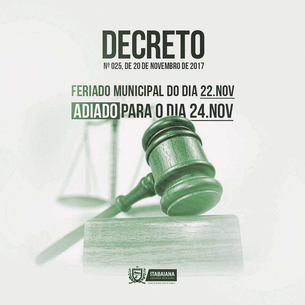 O prefeito constitucional Lúcio Flávio, decreta que fica mantido EXPEDIENTE NORMAL em todos os órgãos e entidades componentes da administração pública municipal, para o dia 22 de novembro. Passando assim para o dia 24 de novembro, o gozo do feriado, em razão do aniversário de morte do ex-prefeito, DR. Antonio Batista Santiago. #DesejoDeRenascer#RazãoDeProsperar