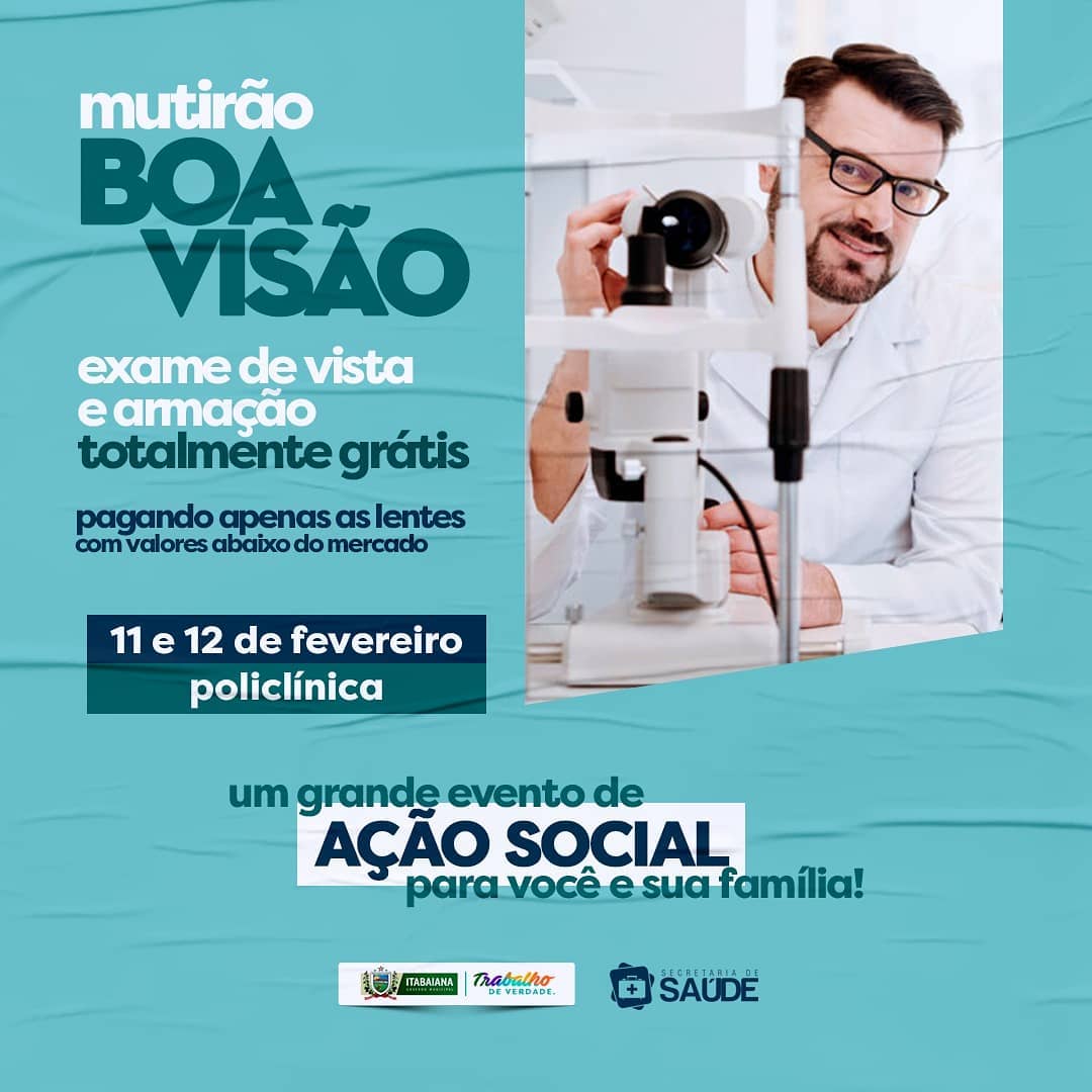 Através da Secretaria Municipal de Saúde, em parceria com o Mutirão da Boa Visão, na próxima segunda e terça-feira, estaremos ofertamos aos Itabaianenses, na Policlínica Municipal: Exames Oftalmológicos e Armações para óculos de Grau, totalmente GRÁTIS, havendo necessidade do uso, as lentes são vendidas com um valor bem abaixo do mercado.Uma ação pensada para você e sua família! http://itabaiana.pb.gov.br/site/#MAISSAÚDE #PMI #TRABALHODEVERDADE