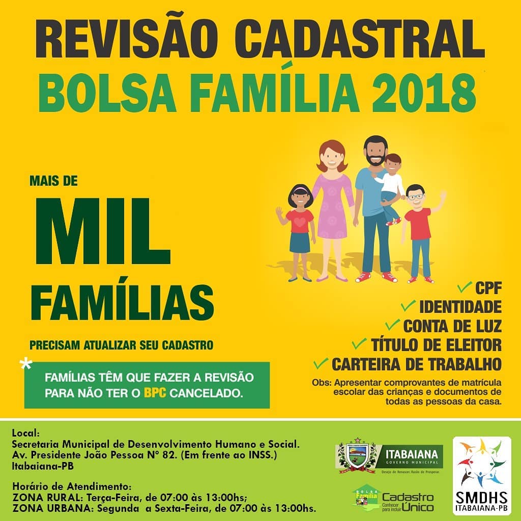 Atenção, beneficiários do Programa BOLSA FAMÍLIA que ainda não fizeram a ATUALIZAÇÃO CADASTRAL!Dirijam-se URGENTE à Secretaria de Desenvolvimento Humano e Social tendo em mãos: RG e CPF, Comprovante de Residência, Título de Eleitor, Carteira de Trabalho e Comprovante de Matricula Escolar. O atendimento acontece de segunda a sexta-feira, das 07h às 13h. #SMDHS#DesejoDeRenascer#RazãoDeProsperar
