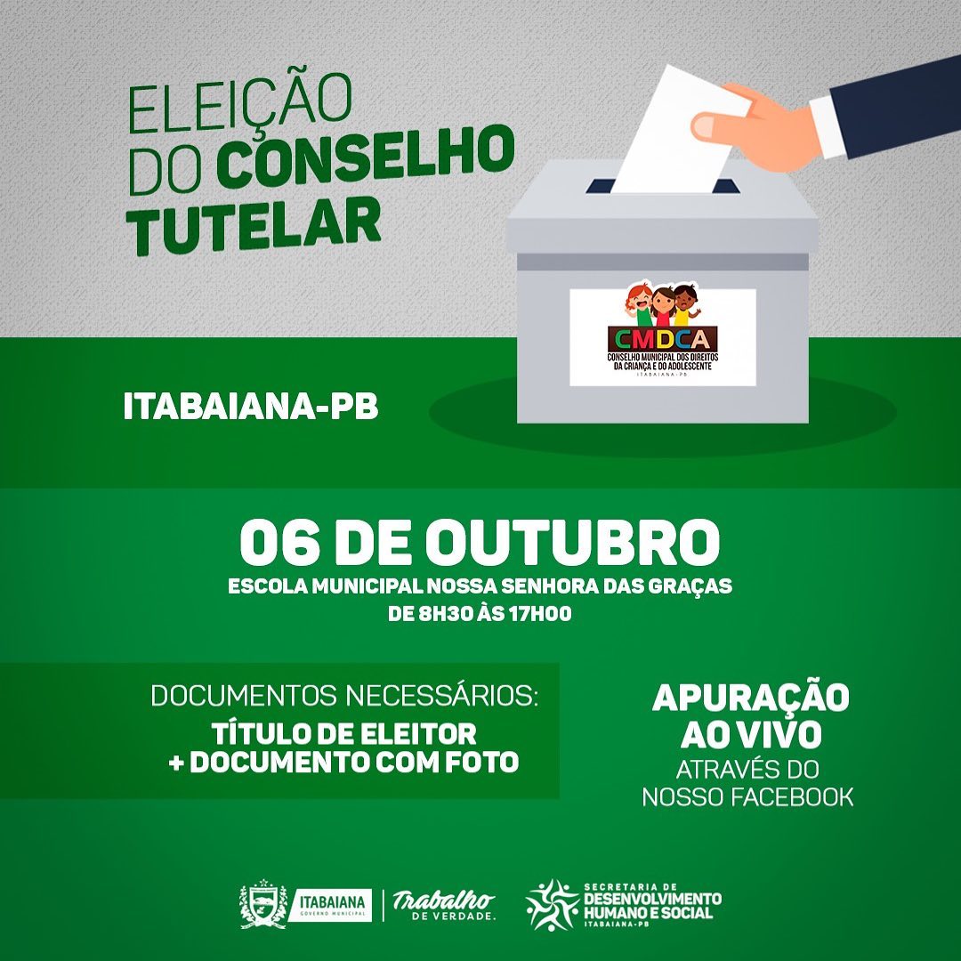 A t e n ç ã o população de Itabaiana! Amanhã acontecerá às eleições para o Conselho Tutelar. O local de votação é a Escola Municipal Nossa Sr. das Graças, das 08h:30m às 17h:00m. É necessário ter em mãos: título de eleitor e documento com foto (original). Prezando pela transparência, a apuração dos votos será transmitida AO VIVO na nossa página do facebook. Acompanhe! 🏽 #CMDCA #CONSELHOTUTELAR2020#PMI #TRABALHODEVERDADE