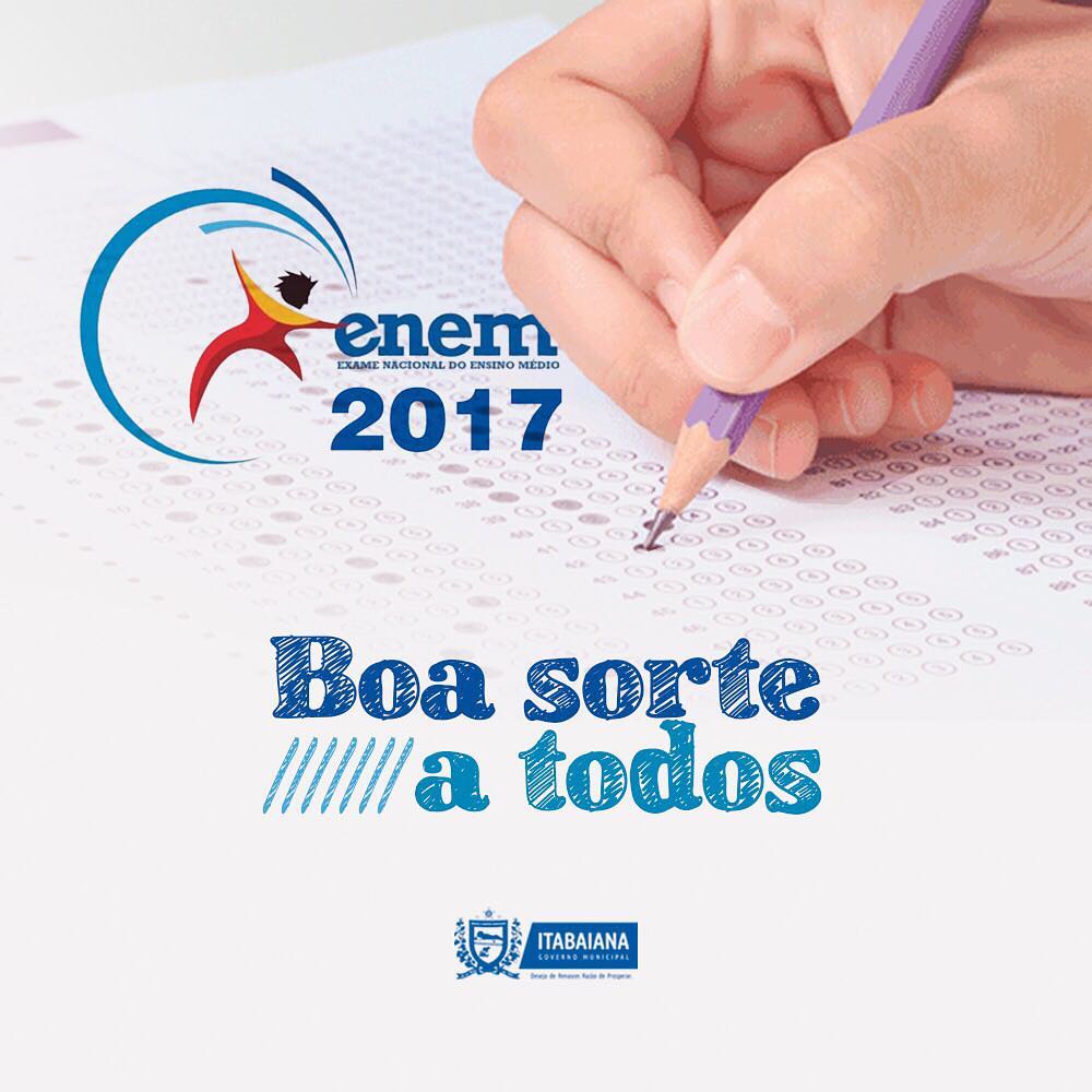 O prefeito Dr. Lúcio e todos que fazem a Rede Municipal de Ensino de Itabaiana desejam a todos os alunos que farão o Exame Nacional do Ensino Médio um excelente desempenho. Esperamos que em breve tenhamos novos universitários itabaianenses e no futuro tenhamos novos profissionais cada vez mais qualificados.