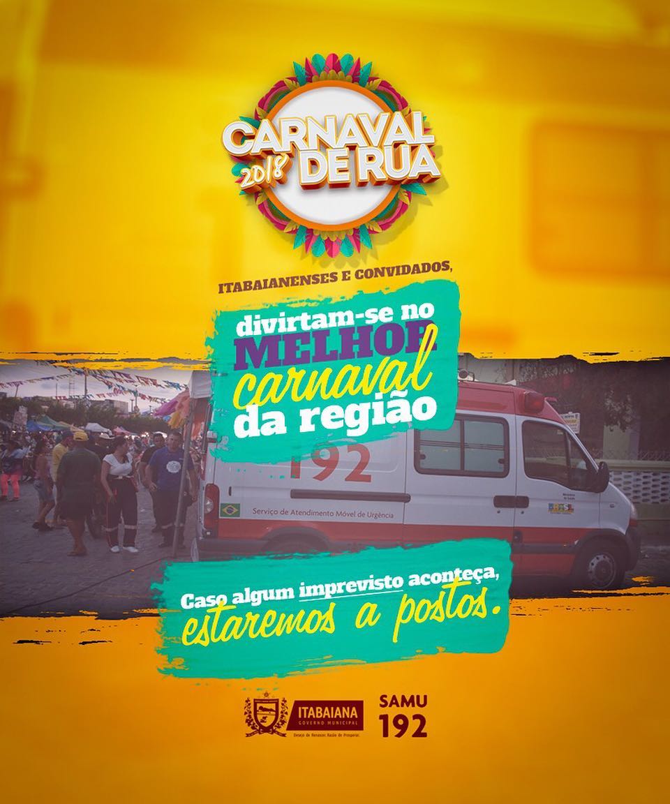 E enquanto os foliões itabaianenses e visitantes curtem o melhor carnaval da região, nós trabalhamos pra que todos possam brincar em segurança, e caso algum imprevisto aconteça, estaremos a postos. #SAMU192#Carnaval2018#FoliaDeRua#DesejoDeRenascer#RazãoDeProsperar