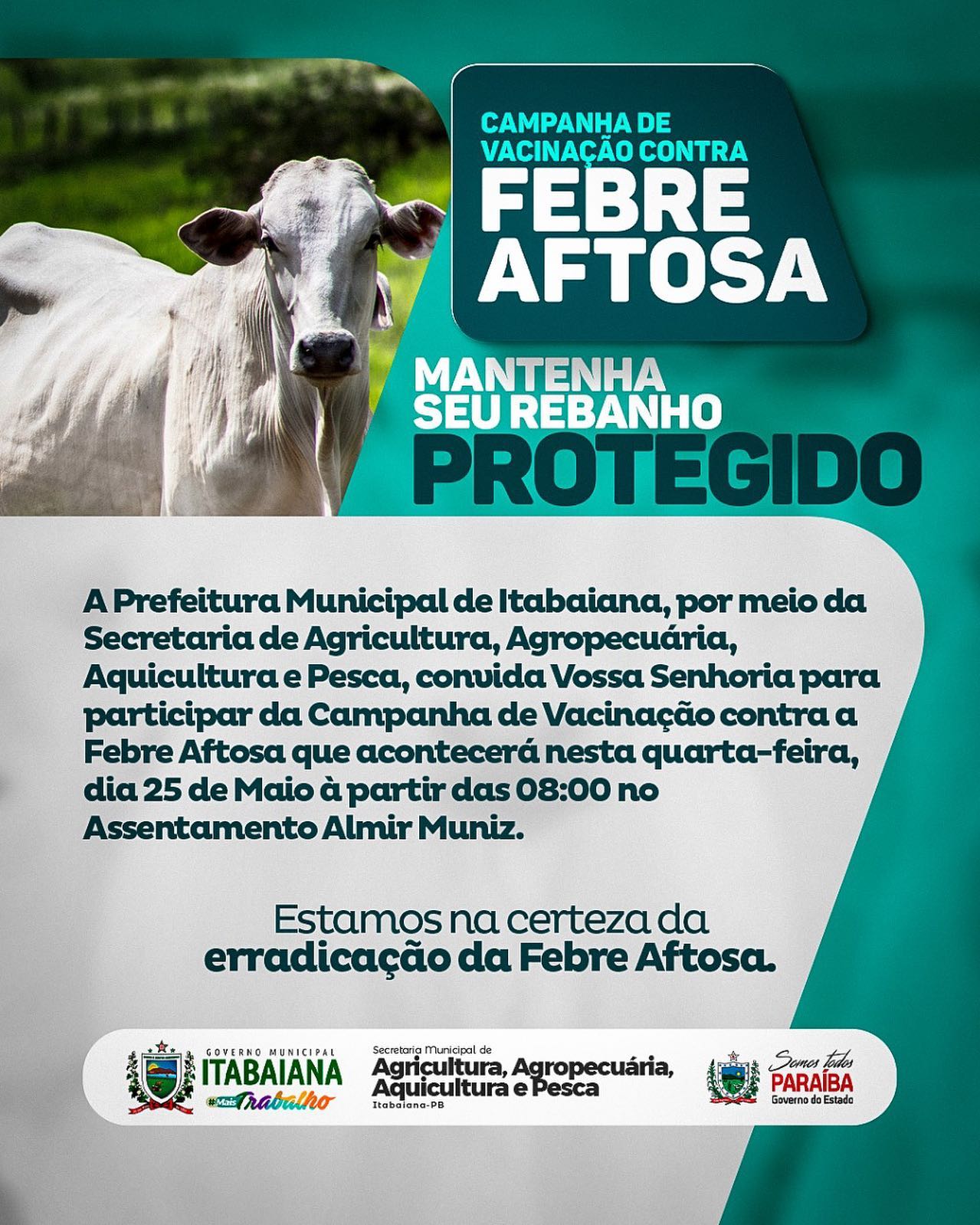 ️ Campanha de Vacinação contra a Febre Aftosa 🐂Nesta quarta-feira a partir das 8h da manhã, no Assentamento Almir Muniz, acontece a Campanha de Vacinação contra a Febre Aftosa. O evento visa a erradicação da febre aftosa nos animais bovinos, suínos, ovinos e caprinos. #PMI #MAISTRABALHO