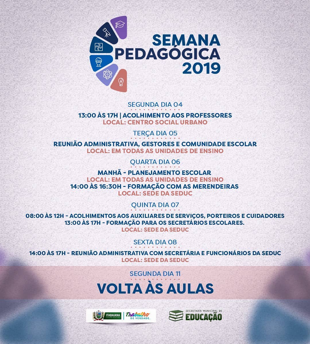 Com o objetivo de promover a formação continuada dos profissionais que formam a Rede Municipal de Ensino, hoje iniciaremos a Semana Pedagógica, momentos para discussões pautadas sobre temas que afetam o cotidiano da sala de aula, bem como o processo de ensino e aprendizagem. #MAISEDUCAÇÃO#PMI #TRABALHODEVERDADE