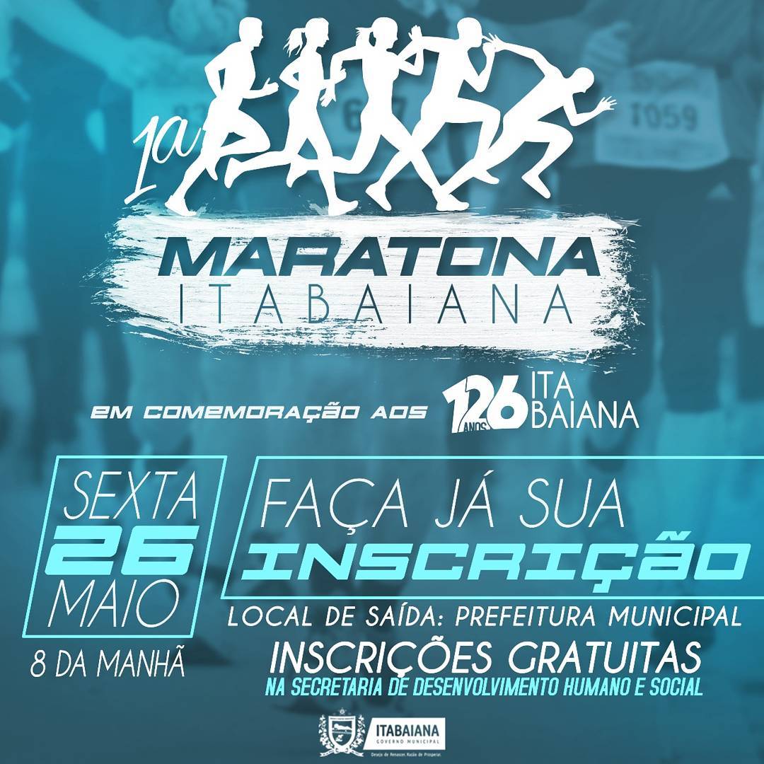 |ATENÇÃO ATLETASEm comemoração ao aniversário de 126 anos da cidade, a PMI através da Secretaria de Desenvolvimento Humano e Social, em parceira com a Diretoria de Juventude, Esporte e Lazer, está promovendo a "1° Maratona Itabaiana".Não perca tempo, faça já sua inscrição!#DesejodeRenascer #RazãodeProsperar