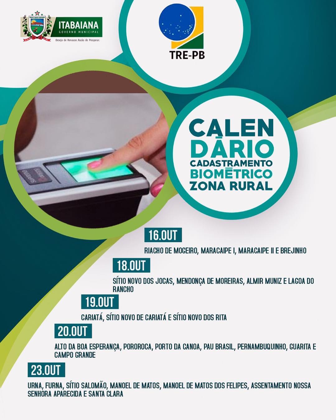 A Prefeitura Municipal de Itabaiana firmou parceria com a Justiça Eleitoral no sentido de viabilizar o Cadastramento Biométrico das pessoas que moram em comunidades rurais, disponibilizando transportes para deslocamento adequado dos eleitores. Confira a data de cada comunidade: