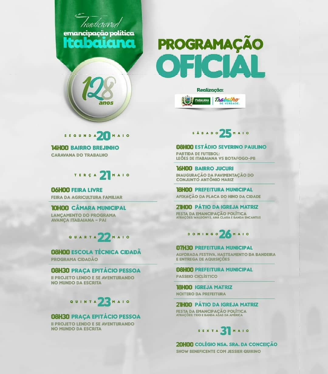A Rainha do Vale está aniversariando, mas quem ganha o presente é a população!Confira a programação especial que preparamos para comemorar os #128ANOS. Uma semana de ações, entregas de aquisições, e muita festa para nosso povo.Participe, você é o nosso convidado especial! #ITABAIANA128ANOS#PMI #TRABALHODEVERDADE