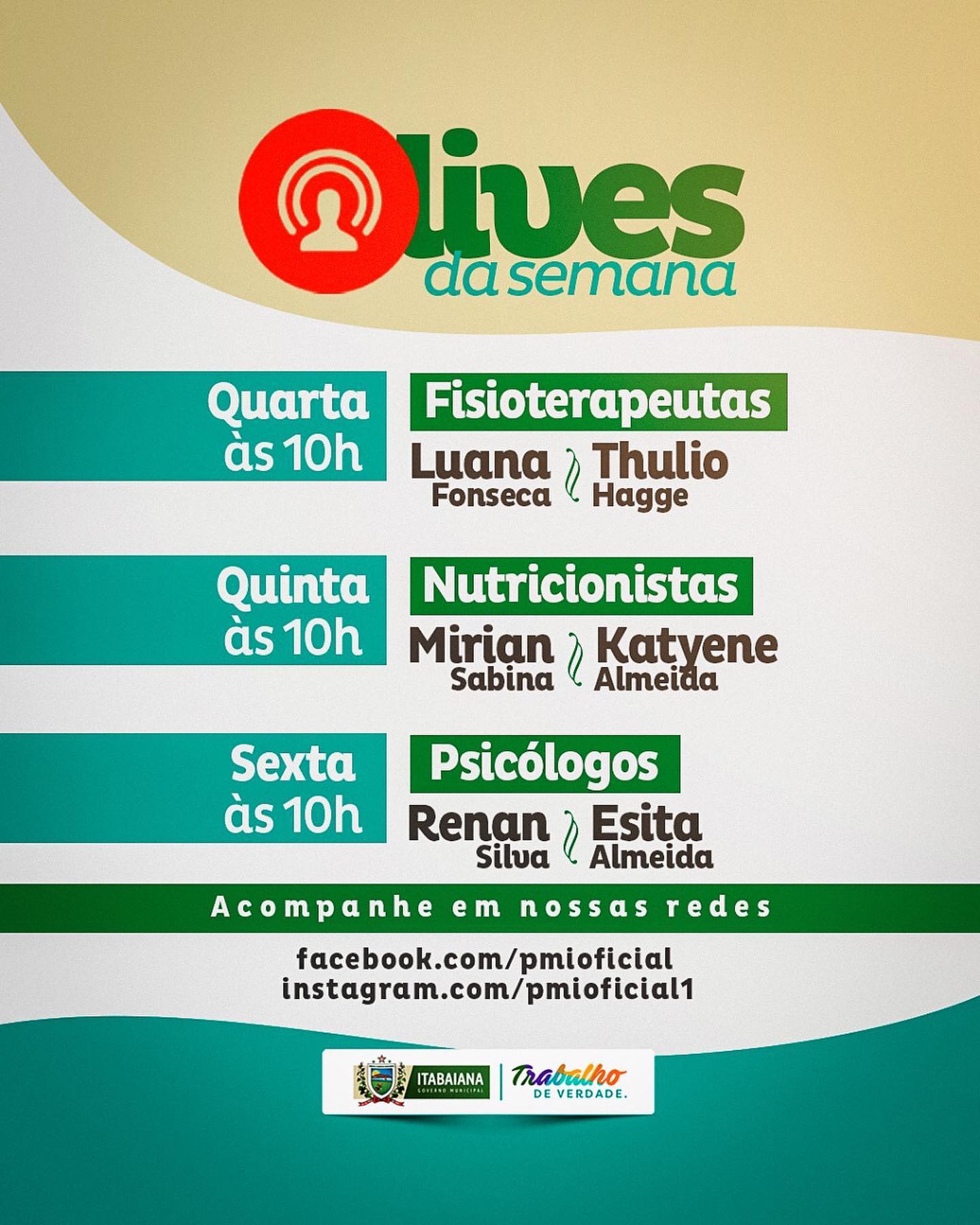 O que você está fazendo nessa quarentena? 🤔Queremos conversar com você, e te ajudar a ocupar o seu tempo consumindo conteúdo bacana!Acompanhe nossa programação e interaja com nossos profissionais. As LIVES serão transmitidas aqui no nosso perfil do Instagram, e na nossa página no facebook - /Prefeitura Municipal de Itabaiana. #NASF #MAISSAÚDE#PMI #TRABALHODEVERDADE